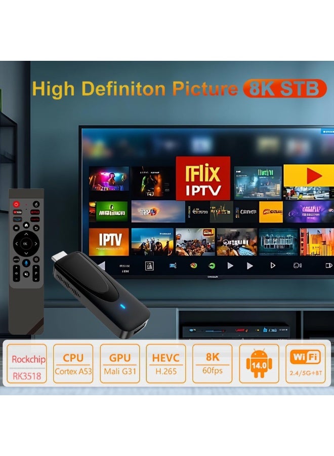 جهاز بث ذكي (Smart TV Stick) بنظام Android 14 ودقة 8K Ultra HD، مزود بذاكرة وصول عشوائي (RAM) سعة 2 جيجابايت وذاكرة تخزين (ROM) سعة 16 جيجابايت، وتقنية WiFi 6 مزدوجة النطاق، وBluetooth 5.0، ودعم HDR10+، ومعالج رباعي النواة؛ يتميز بمنفذ HDMI، وميزة انعكاس الشاشة، وجهاز تحكم عن بُعد صوتي، ودعم منافذ USB وبطاقات TF، مما يجعله مثالياً لتطبيقات Netflix وYouTube والألعاب والترفيه المنزلي. - Image 4
