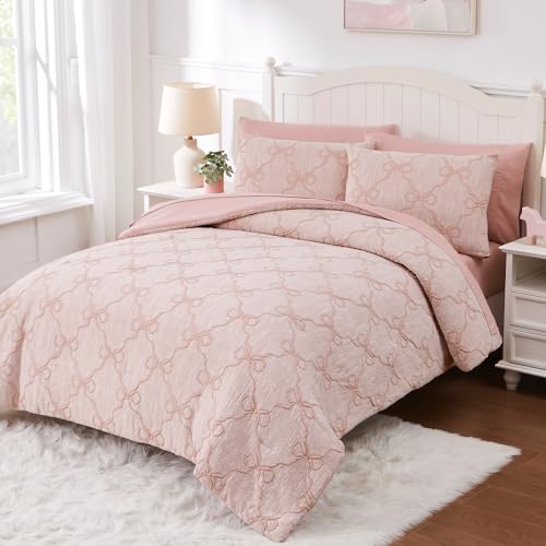 Wink Deer Queen Comforter Set with Sheets for Girls-7 Pieces Jacquard Bed in A Bag Queen Bedding Sets with Pink Comforter, Sheets, Pillowcases & Shams for Kids (Pink Diamond, 90" X 90") - Image 2
