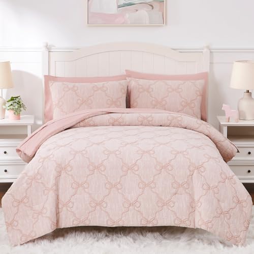 Wink Deer Queen Comforter Set with Sheets for Girls-7 Pieces Jacquard Bed in A Bag Queen Bedding Sets with Pink Comforter, Sheets, Pillowcases & Shams for Kids (Pink Diamond, 90" X 90") - Image 1
