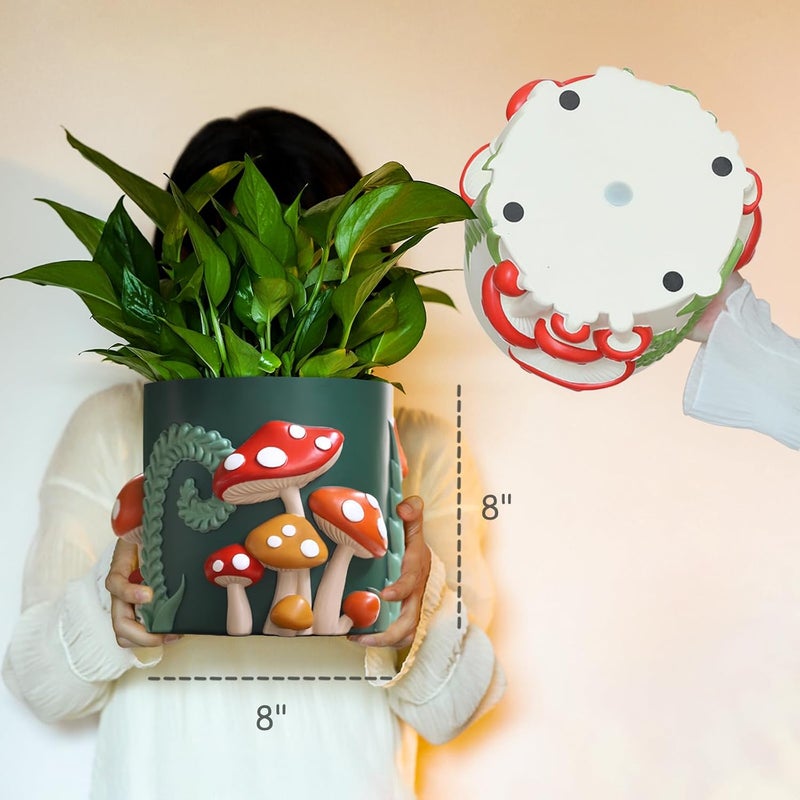 GUGUGO أصص نباتات بحجم 8 بوصة بالفطر الملون، أصص قوس قزح الفريدة واللطيفة مع تصريف، أصص زهور عتيقة ورجعية للنباتات الداخلية، أصص زراعة عصارية انتقائية لديكور المنزل البوهو العصري (C) - Image 2