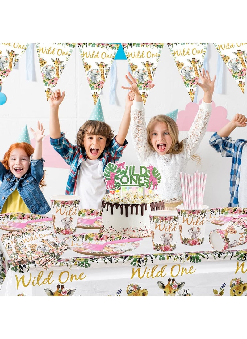 SYOSI - Jungle Animal Party Supplies 63 PCS Wild One Party Reusable Tableware Plates Paper Cups Napkins Tablecloth Straws Pennants Forks Set for Girls Kids Birthday Baby Shower Dinner Dessert Party Supplies - Image 1