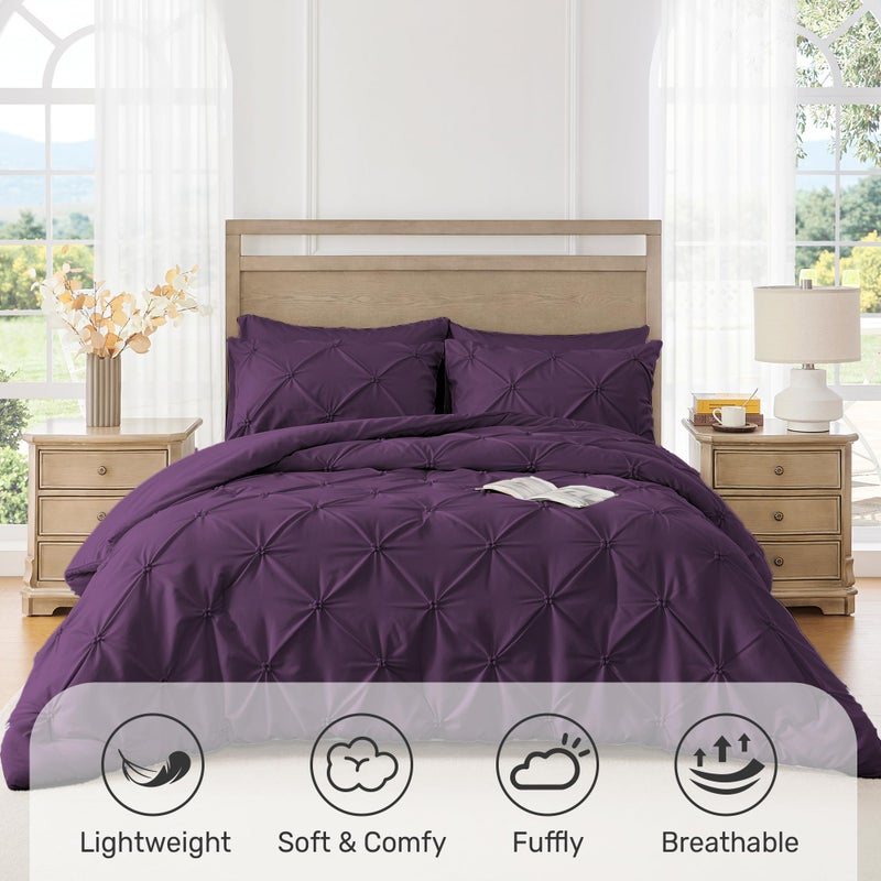 UNIKOME King Size Comforter Set Purple - Ultra Soft Boho Pintuck Down Alternative Bedding Set for All Seasons, 3 Pieces Lightweight Warm Pinch Pleat Bed Set with Comforter, 2 Pillowcases - Image 2