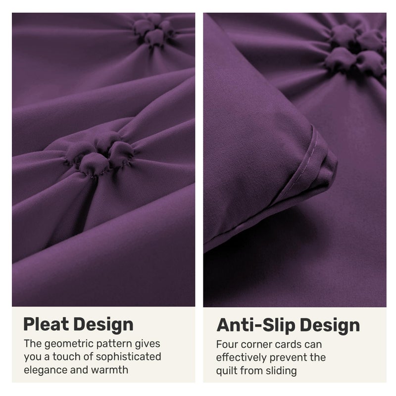 UNIKOME King Size Comforter Set Purple - Ultra Soft Boho Pintuck Down Alternative Bedding Set for All Seasons, 3 Pieces Lightweight Warm Pinch Pleat Bed Set with Comforter, 2 Pillowcases - Image 4