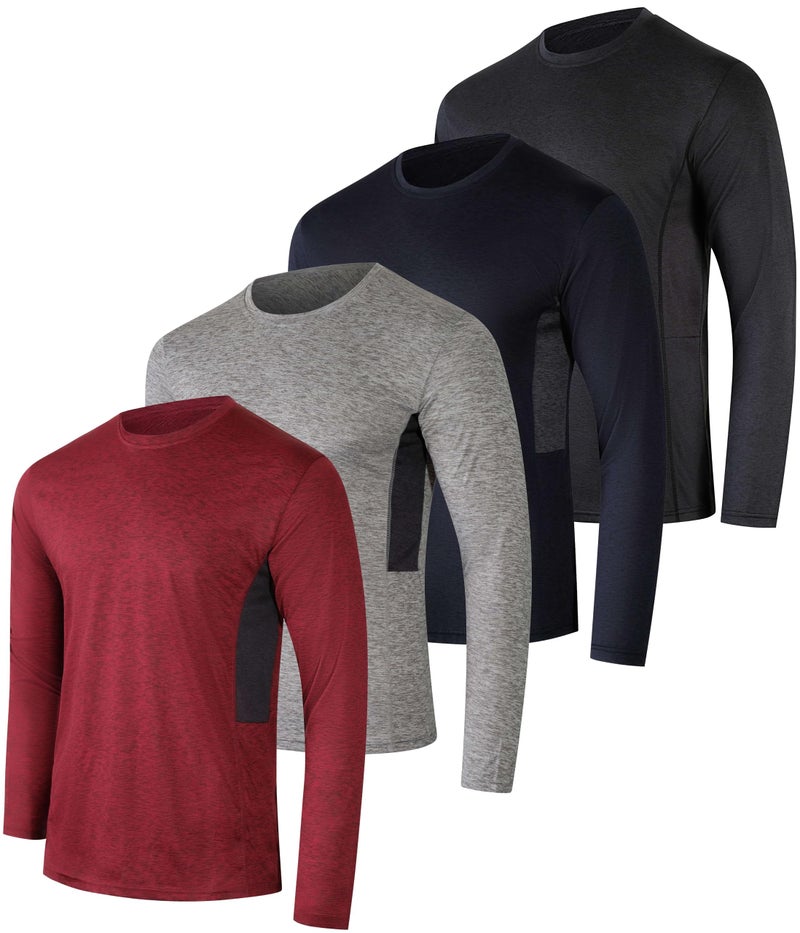 Real Essentials 4 Pack Mens Long Sleeve Dry Fit T Shirts Hiking Fishing Workout Gym Work Sun UPF 50 Wicking Running Tee Set 5 Medium