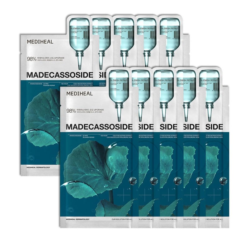 Mediheal Madecassoside Essential Sheet Mask Blemish Repair 10 pcs 98 Purity Madecassoside Hyaluronic Acid Included Enhancing Moisture Barrier Skin Texture Care Vegan Formula Sheet Mask