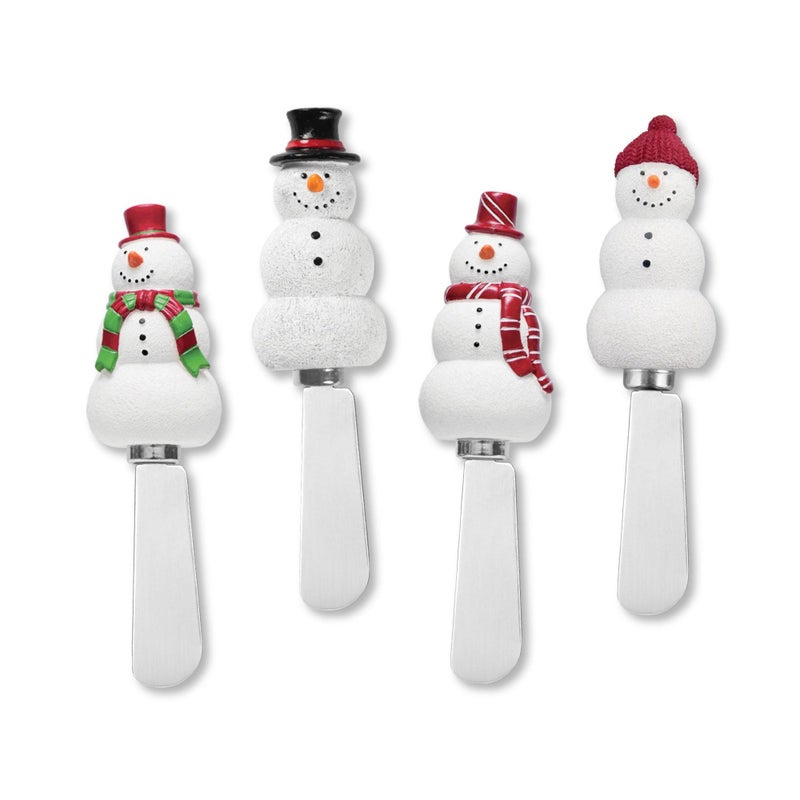 UPware Snowmen Cheese Spreaders HandPainted Resin Handles with Stainless Steel Blades for Spreading Cream Cheese Butter and Jam Assorted Designs Set of 4