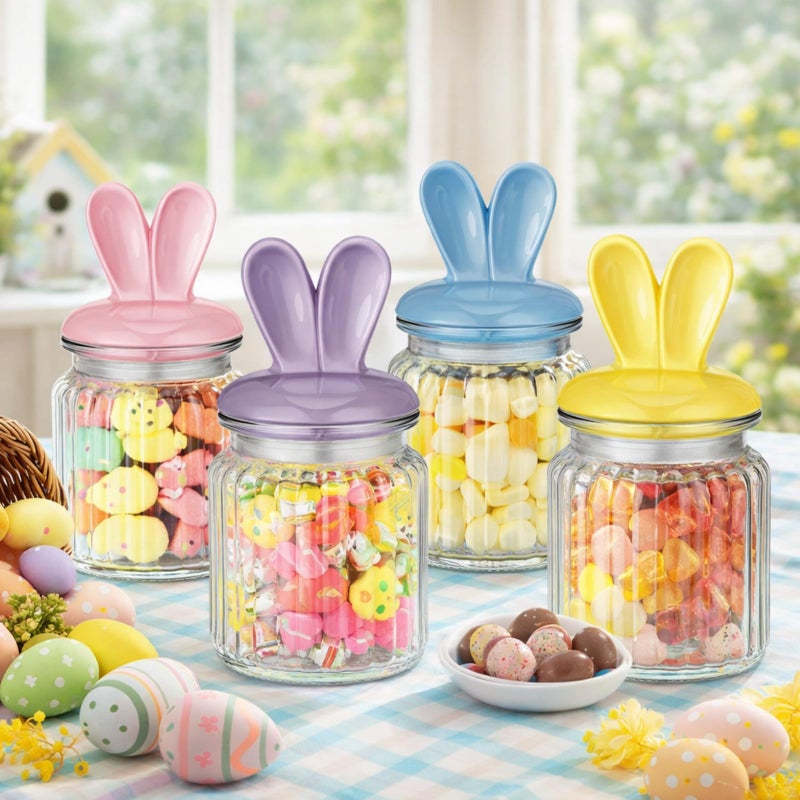 Nitial Easter Decorations- 4 Pcs Large Easter Glass Jars with Ceramic Bunny Ear Lid-rabbits Cookie Jars 7.8 oz Pastel Glass Food Storage for Chocolate Candy Sweets Gift Mini Eggs Table Decoration - Image 1