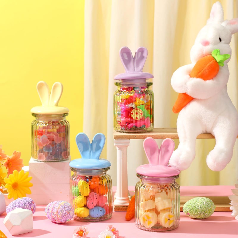 Nitial Easter Decorations- 4 Pcs Large Easter Glass Jars with Ceramic Bunny Ear Lid-rabbits Cookie Jars 7.8 oz Pastel Glass Food Storage for Chocolate Candy Sweets Gift Mini Eggs Table Decoration - Image 2