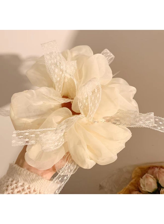 French Style Tulle Bow Scrunchies, Cream White, 2 Pack