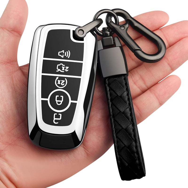 Sindeda Premium Soft TPU Key Fob Cover for Ford with Keychain - Silver - Image 1