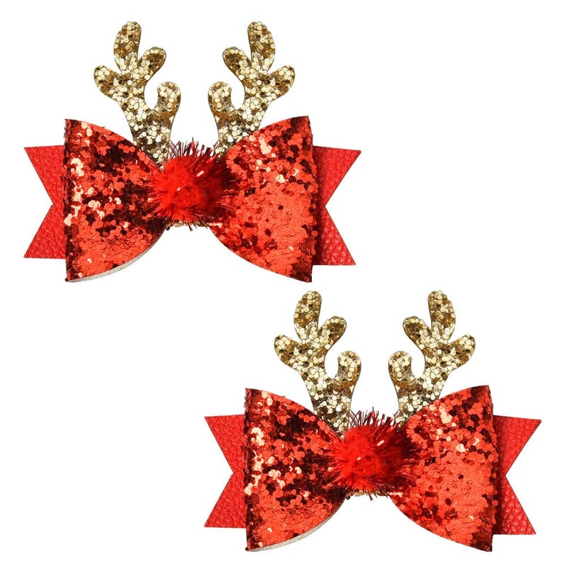 YangQian Christmas Decorative Hair Bow Clips Glitter Deer Antler Hair Clips Christmas Ornament Hair Accessories Clip Small Red Hair Barrettes for Girls Cute Hair Clips for Short Long Hair New Years Hair Bows
