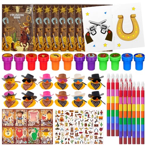 Cinrobiye 72 Pcs Western Cowboy Party Favors Wild West Coloring Books Stickers Tattoos Stampers Rubber Ducks Rainbow Pencils Barn Party Supplies Birthday Goodie Bag Fillers Prize Bulk Set - Image 1