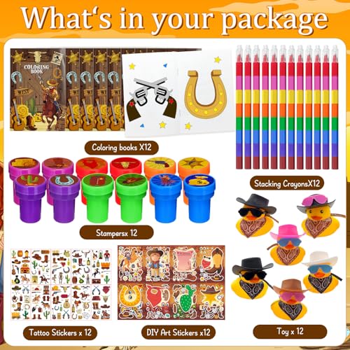 Cinrobiye 72 Pcs Western Cowboy Party Favors Wild West Coloring Books Stickers Tattoos Stampers Rubber Ducks Rainbow Pencils Barn Party Supplies Birthday Goodie Bag Fillers Prize Bulk Set - Image 5