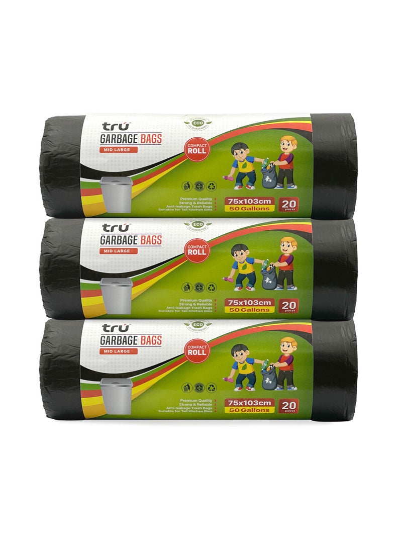 Tru - Garbage Bags Compact Roll Black 75x103cm 50Gallon (20pc x 3Rolls) 60bags - Image 1
