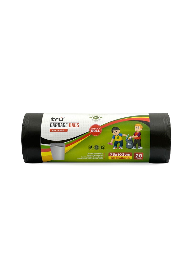 Tru - Garbage Bags Compact Roll Black 75x103cm 50Gallon (20pc x 3Rolls) 60bags - Image 1