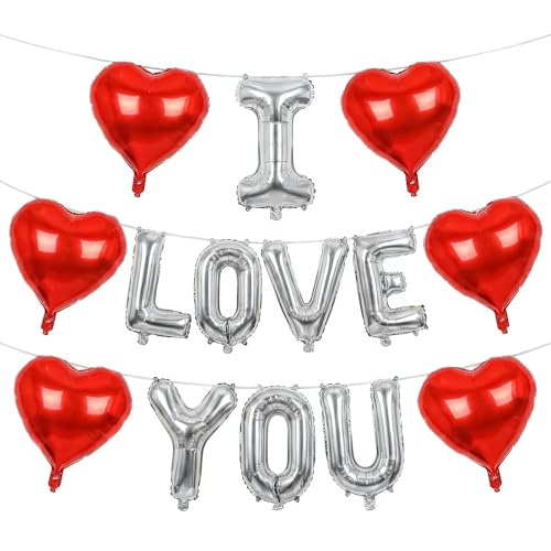 YOTHORN 16 Inch Silver I Love You Letter Balloons18 Inch Heart Balloons Valentines Day Balloon Love Foil Balloon Banner for Wedding Engagement Galentines Day Bridal Shower Decor - Image 1