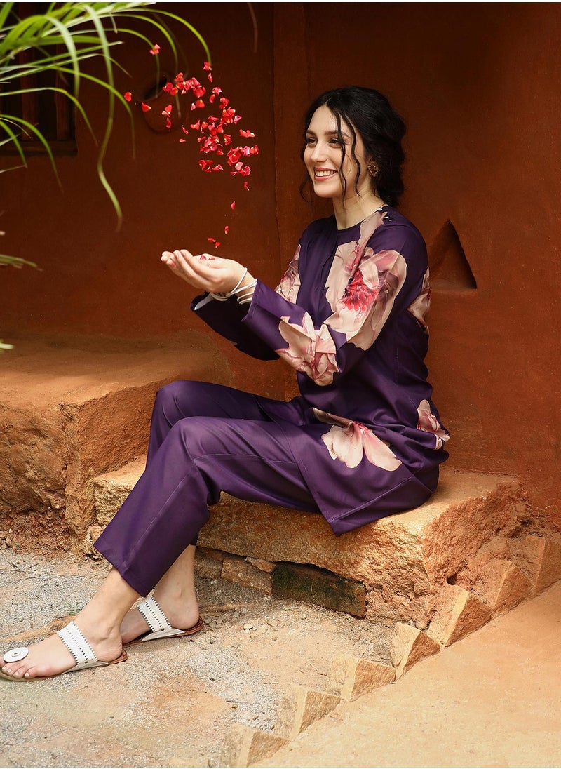  قصة - Women's Amethyst Purple Poppy Flora Kurti With Trousers - Image 1