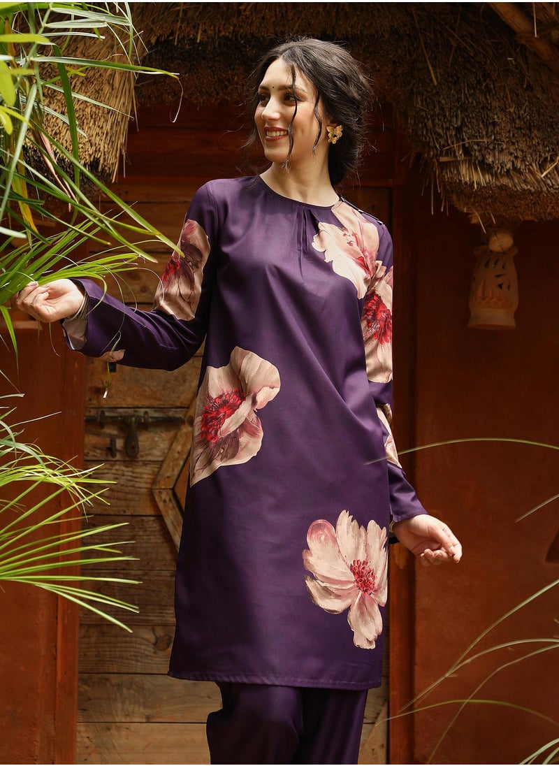  قصة - Women's Amethyst Purple Poppy Flora Kurti With Trousers - Image 1