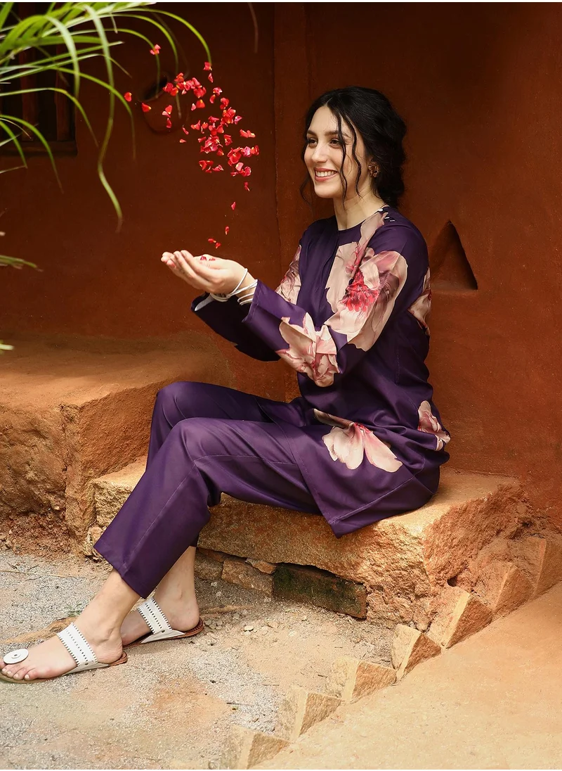 QISSA Women's Amethyst Purple Poppy Flora Kurti With Trousers