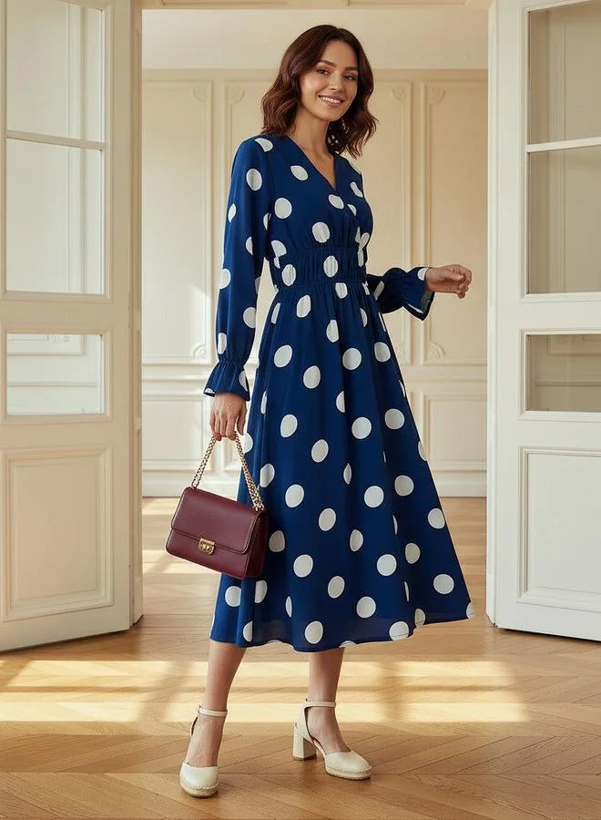 Splash FAV Polka Dot Print Midi Dress with Long Sleeves and Cinched Waist Detail