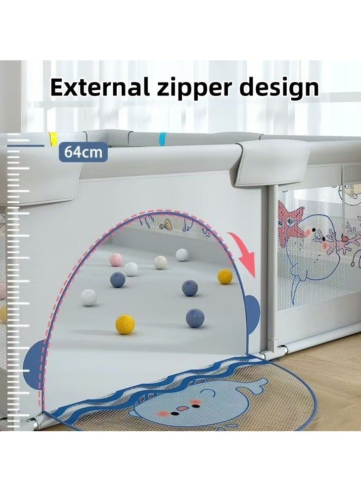 EXCLIFE Children's Large Stainless Steel Steering Tube, Baby Indoor Crawling Safety Fence, Playpen with Breathable Mesh and Zipper Door - Gray 150x180cm, 2 Pull Rings + 60 Ocean Balls + 1 Storage Bag - Image 5