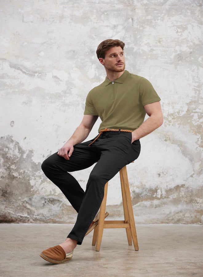 trendyol Khaki Regular/Normal Cut Zippered 100% Cotton Polo Neck - Image 1