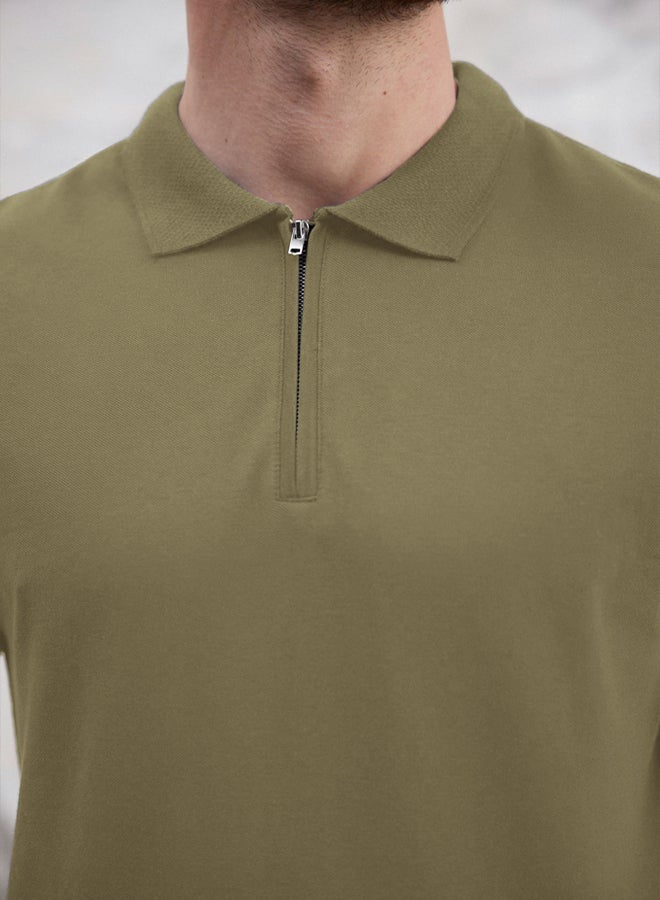 trendyol Khaki Regular/Normal Cut Zippered 100% Cotton Polo Neck - Image 3