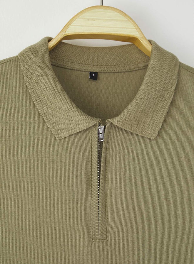 trendyol Khaki Regular/Normal Cut Zippered 100% Cotton Polo Neck - Image 5