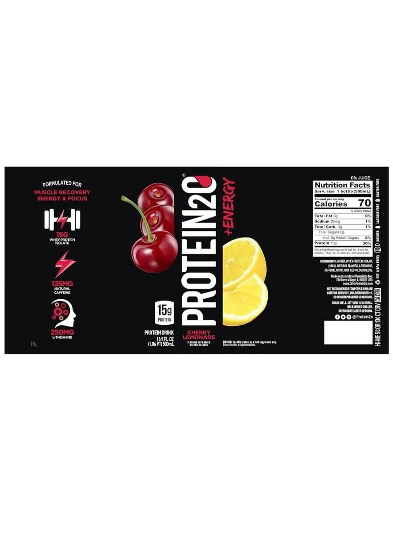 PROTEIN20 Protein2o Protein Infused Water + Energy Cherry Lemonade 500ml – Pack of 12 - Image 3