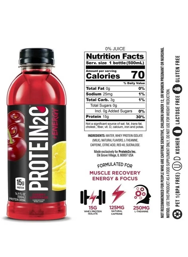 PROTEIN20 Protein2o Protein Infused Water + Energy Cherry Lemonade 500ml – Pack of 12 - Image 2