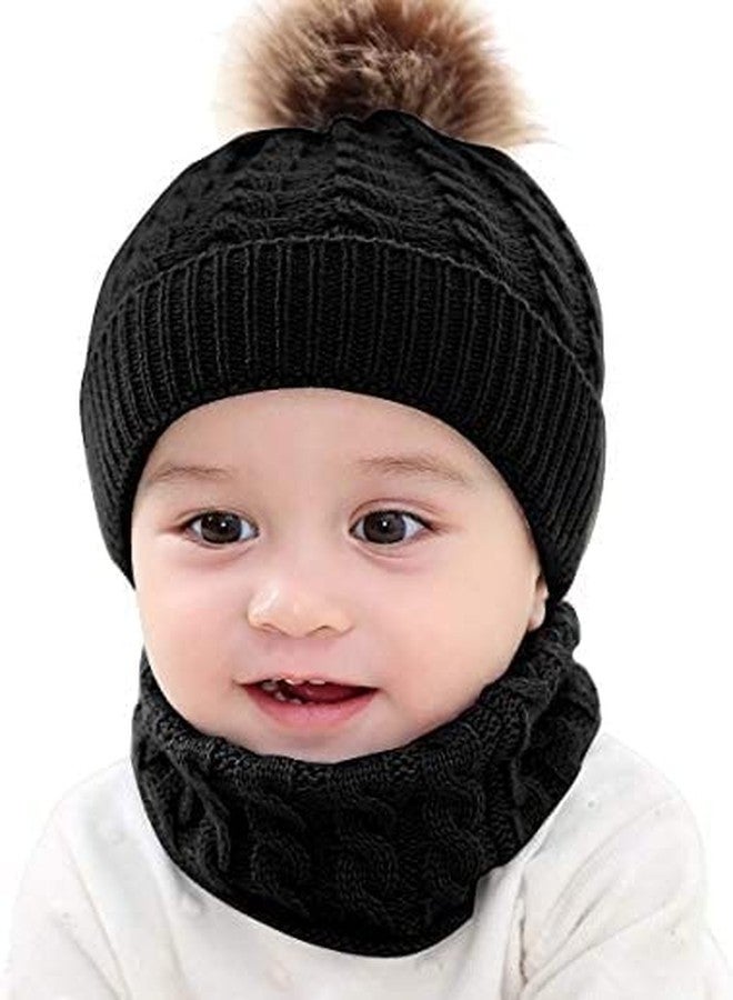 زيكي قبعة صوفية مزينة بكرات صوفية للأذنين ووشاح رقبة للأطفال من زيكي (أسود) - Image 3