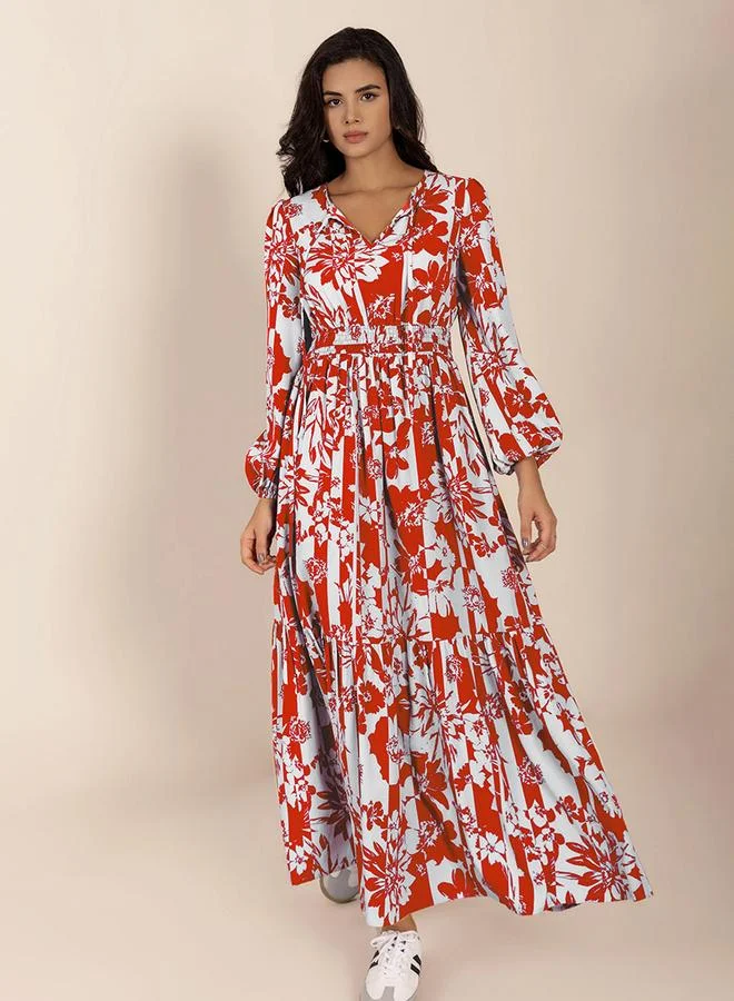 تايك تو Women's Floral Printed V Neck Long Sleeve Maxi Dress