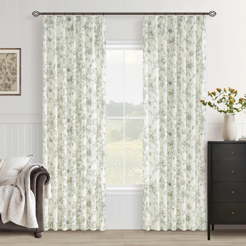 BILEEHOME Olive Green Floral Linen Curtains Pinch Pleated for Living Room 84 Inches Long Peony Flower Printed Patterned Curtain Vintage Boho Farmhouse Country Light Filtering Pinch Pleat Drapes Bedroom Dining - Image 1