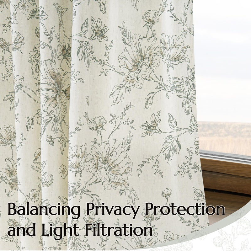BILEEHOME Olive Green Floral Linen Curtains Pinch Pleated for Living Room 84 Inches Long Peony Flower Printed Patterned Curtain Vintage Boho Farmhouse Country Light Filtering Pinch Pleat Drapes Bedroom Dining - Image 5