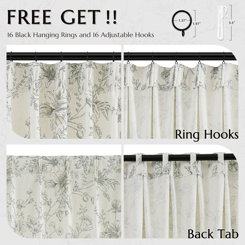 BILEEHOME Olive Green Floral Linen Curtains Pinch Pleated for Living Room 84 Inches Long Peony Flower Printed Patterned Curtain Vintage Boho Farmhouse Country Light Filtering Pinch Pleat Drapes Bedroom Dining - Image 4