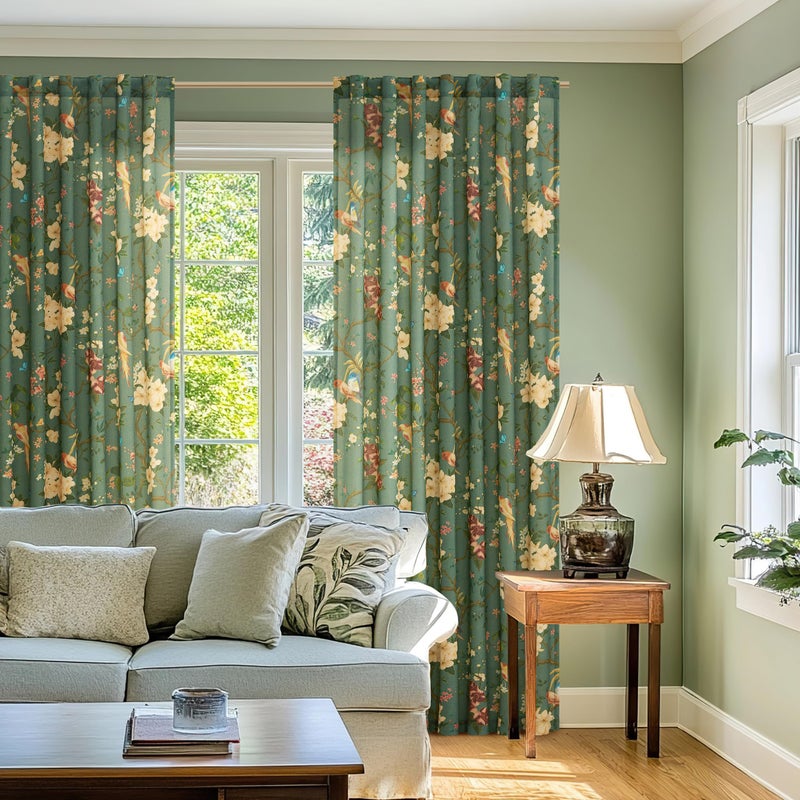Seeluck Spring Olive Green Floral Linen Curtains for Living Room 84 Inches Long 2 Panels Back Tab Semi Sheer Light Filtering Vintage Farmhouse Boho Flower Printed Pattern Window Drapes for Dining Room Bedroom - Image 2