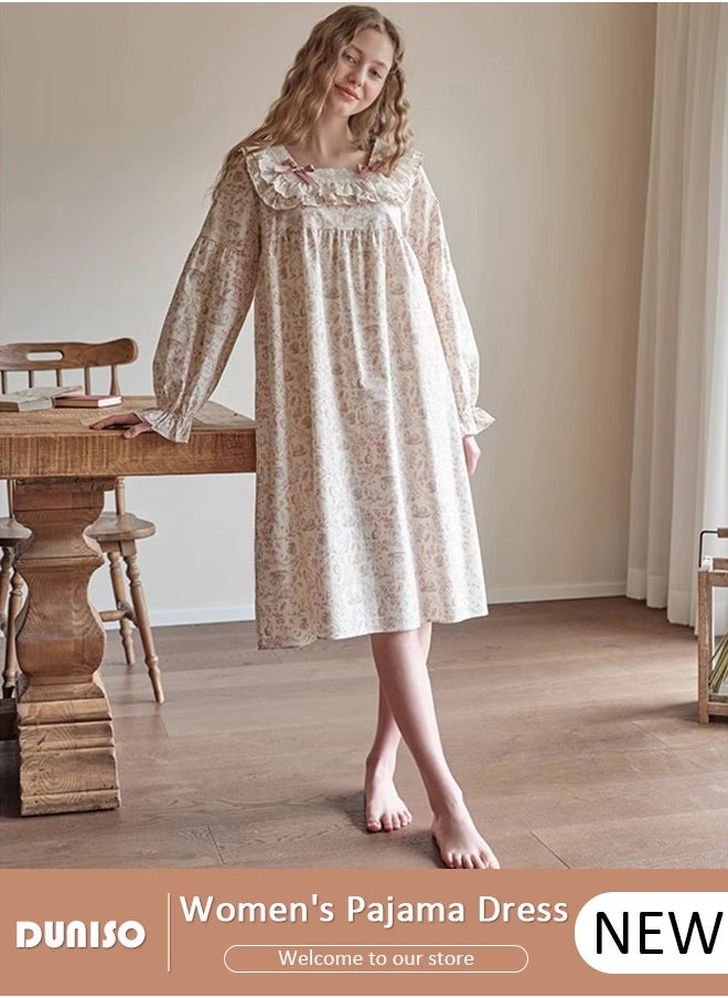 DUNISO Women's Victorian Nightgown with Long Sleeve, Soft Nightgowns Vintage Night Loungewear, Loose Sleepwear for Spring, Autumn  - Image 1