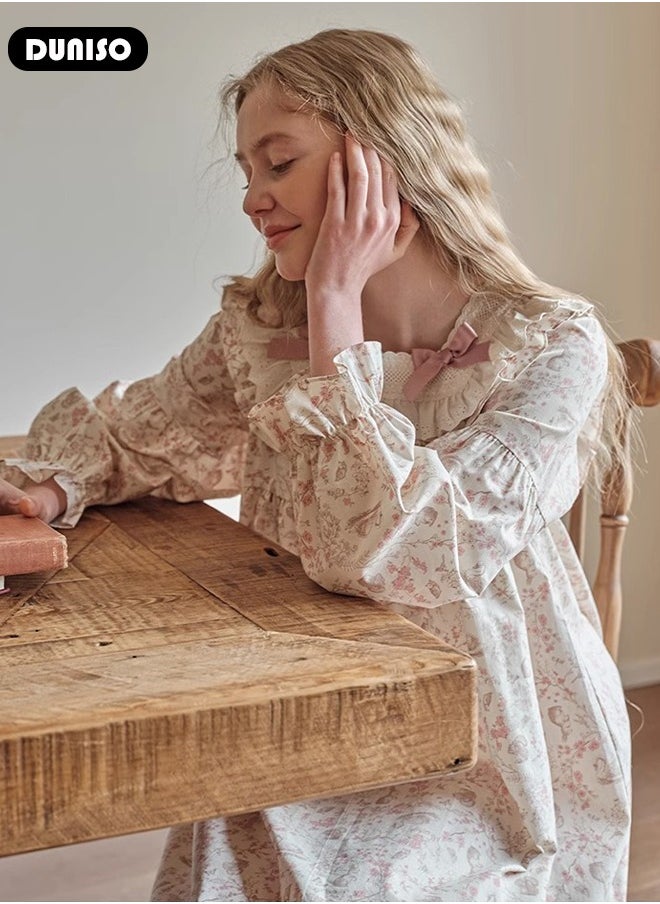 DUNISO Women's Victorian Nightgown with Long Sleeve, Soft Nightgowns Vintage Night Loungewear, Loose Sleepwear for Spring, Autumn  - Image 3