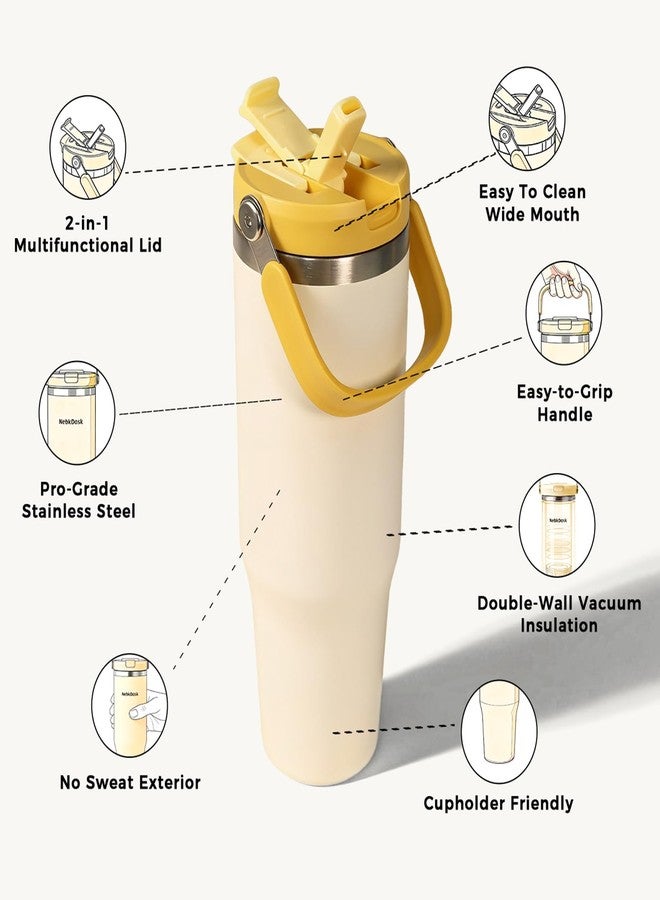 NebkDask Insulated Stainless Steel Bottle with 2-in-1 Straw and Spout Lid Water Bottle Keep Cold 24H, Leak-Proof, Fits in Car Cup Holder, Travel, and School（off-White） - Image 2
