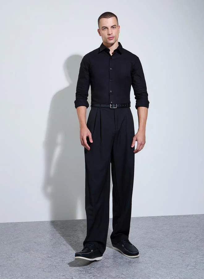 ستايلي Men Black Solid Regular Fit Oxford Shirt
