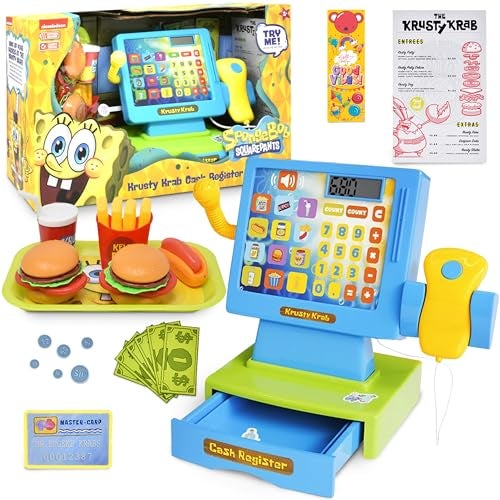 SPONGEBOB SQUAREPANTS Pretend Play Cash Register Toy with Sounds and Lights for Kids Krusty Krab Play Scanner and Fake Food for Boys Girls Toddlers - Image 1