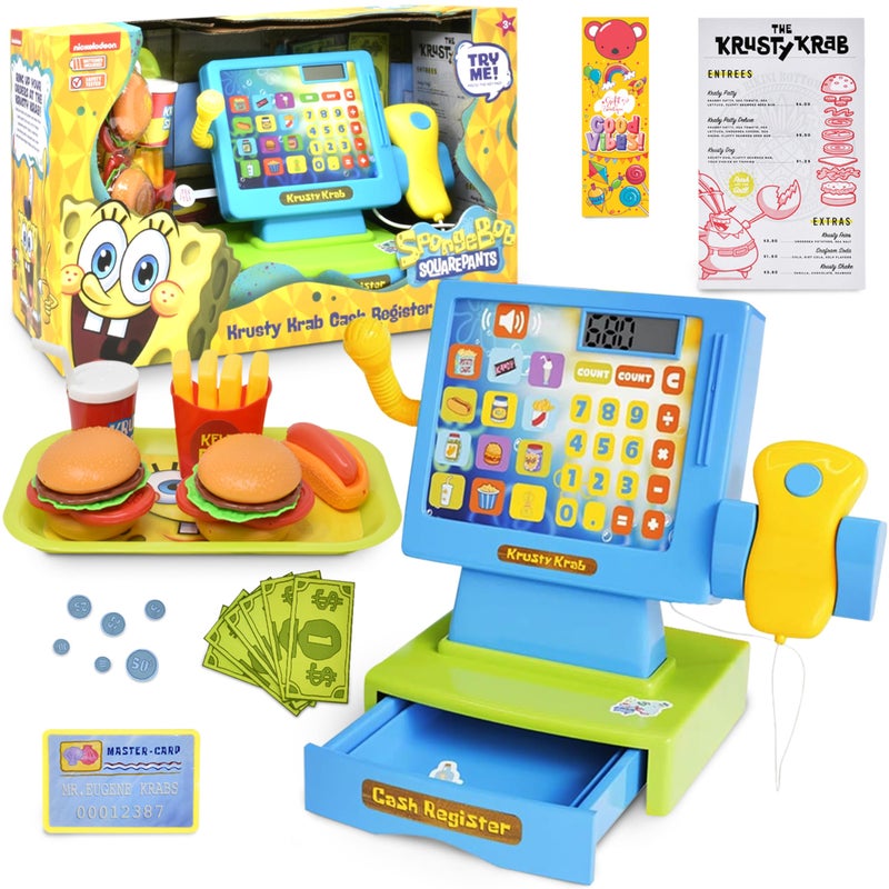 SPONGEBOB SQUAREPANTS Pretend Play Cash Register Toy with Sounds and Lights for Kids Krusty Krab Play Scanner and Fake Food for Boys Girls Toddlers - Image 3