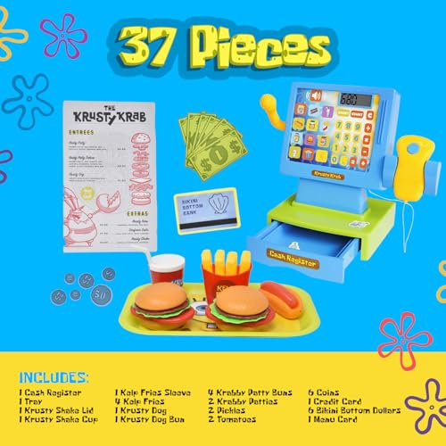 SPONGEBOB SQUAREPANTS Pretend Play Cash Register Toy with Sounds and Lights for Kids Krusty Krab Play Scanner and Fake Food for Boys Girls Toddlers - Image 5