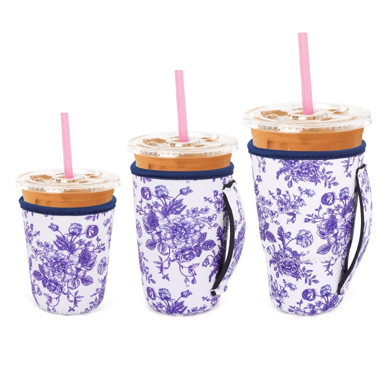 Snowso 3 Pack Iced Coffee sleeve Insulated Neoprene Cup Sleeves with handle For Cold Drinks Beverages Reusable Cup Holder for 16oz32oz Coffee Cups Floral Porcelain - Image 2