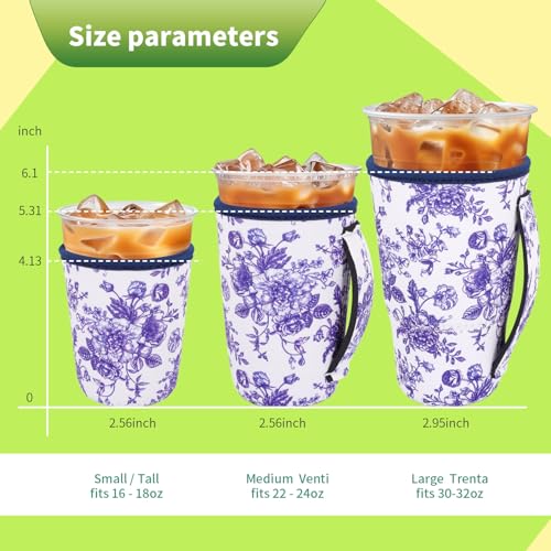 Snowso 3 Pack Iced Coffee sleeve Insulated Neoprene Cup Sleeves with handle For Cold Drinks Beverages Reusable Cup Holder for 16oz32oz Coffee Cups Floral Porcelain - Image 3