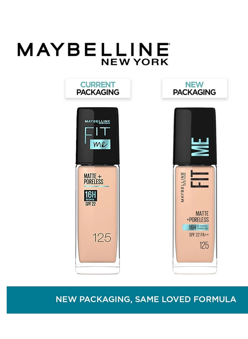 MAYBELLINE NEW YORK Fit Me Foundation Matte &amp; Poreless Foundation 16H Oil Control with SPF 22 - 125 Nude Beige, 30 ml