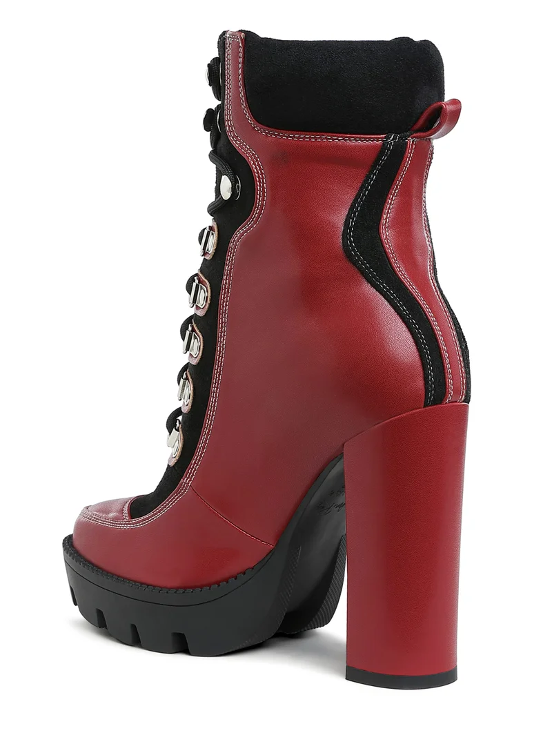 London Rag High Heel Lace-Up Biker Boot in Burgundy black