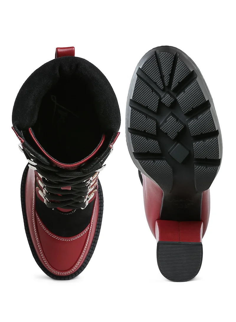 London Rag High Heel Lace-Up Biker Boot in Burgundy black