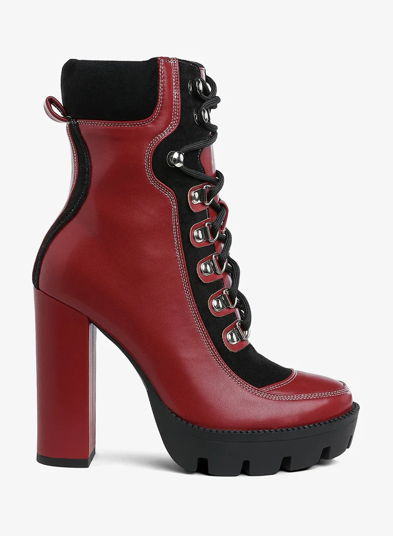 High Heel Lace-Up Biker Boot in Burgundy black