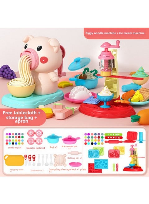 DIY Cartoon Color Clay Piggy Noodle Machine Cow Ice Cream Color Clay Clay Set Play House Tableware Children's Toys-Specification:[combination] Piggy Noodle Maker + Dumpling Maker + Ice Cream Maker + Kitchenware + 48 Mud / Apron